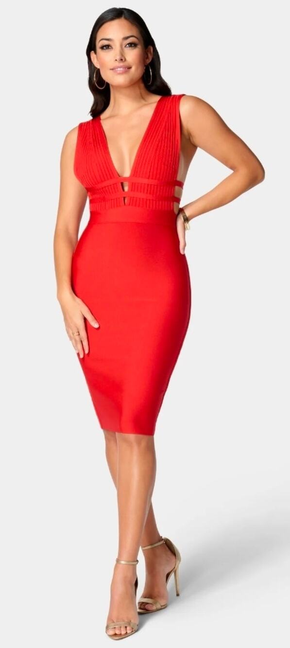 Red Bandage Deep V Neck Cutout Bodycon Strappy Vegas Luxe Glamour Dress Large